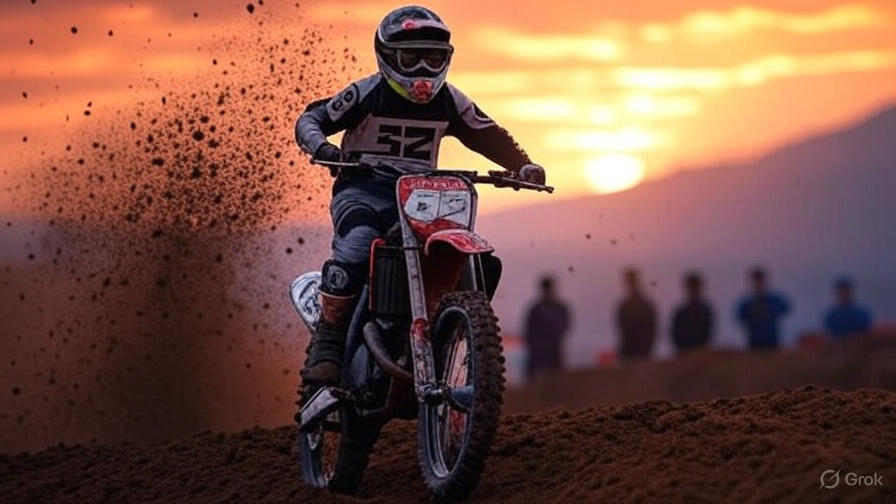 Image Prompt: A vibrant portrait of Aidan Zingg mid-race, mud-splattered and full of adrenaline, with his bike angled in mid-air.